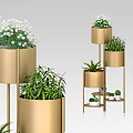 Modern Garden Decor With Golden Multi Tiered Plant Stands White Flowers And Green Foliage