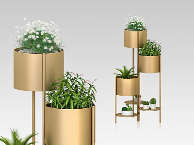 Modern Garden Decor With Golden Multi Tiered Plant Stands White Flowers And Green Foliage 3d model