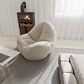 Modern Casual Sofa Set with Fireplace White Curtains Transparent Coffee Table and Gray Rug