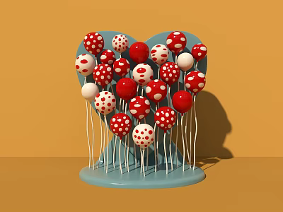 Red And White Polka Dot Balloons Arranged On Blue Heart Shaped Base 3d model