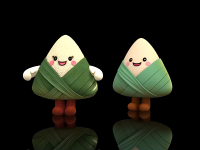 Cute Cartoon Zongzi With Smiling Faces Green Bamboo Leaves Brown Feet Black Background Reflections 3d model