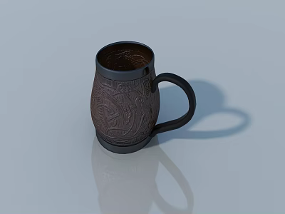 Decorative Brown Mug With Intricate Carved Patterns Black Rim And Handle On White Surface 3d model