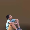 Young Man Sitting On Ground With Blue T-Shirt And Khaki Shorts Against Brown Background