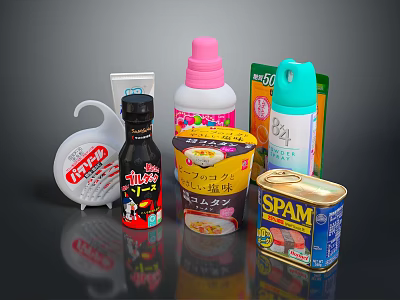 Various Japanese Packaged Food Products Including Cup Noodles Soy Sauce SPAM Can And Snacks 3d model