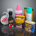 Various Japanese Packaged Food Products Including Cup Noodles Soy Sauce SPAM Can And Snacks