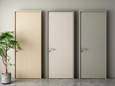Modern Hinged Doors in Wooden Beige and Gray Tones With Green Plant Against Gray Wall 3d model