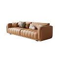 Modern Brown Leather Multi-seat Sofa with Green White Cloud Shaped and Striped Pillows