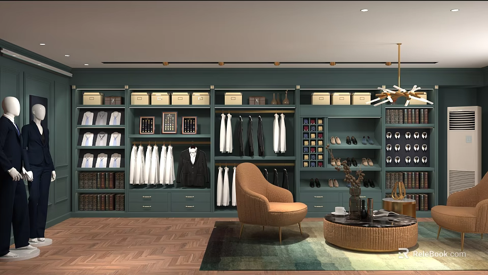 Stylish Green Clothing Store With Wardrobes Hanging Clothes Shoes Drawers Chair And Wooden Floor 3d model 