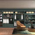 Stylish Green Clothing Store With Wardrobes Hanging Clothes Shoes Drawers Chair And Wooden Floor
