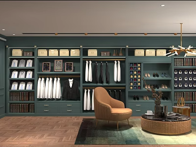 Stylish Green Clothing Store With Wardrobes Hanging Clothes Shoes Drawers Chair And Wooden Floor 3d model