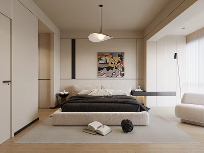 Modern Bedroom Interior With Neutral Tones Beige Walls Black Bed Artwork Pendant Light And Rug 3d model