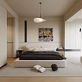 Modern Bedroom Interior With Neutral Tones Beige Walls Black Bed Artwork Pendant Light And Rug