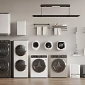 Different Types of Modern Washing Machines with Laundry Accessories and Home Appliances