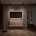 Elegant Modern Bathroom Vanity Cabinet With Illuminated Mirror Wooden Floor And Wall Lighting