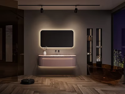 Elegant Modern Bathroom Vanity Cabinet With Illuminated Mirror Wooden Floor And Wall Lighting 3d model