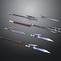 Different Types of Ancient Weapons with Intricate Metal Details and Decorative Handles
