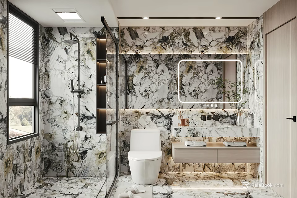 Modern Bathroom Interior Design With Marble Walls Vanity Mirror Toilet And Shower 3d model 