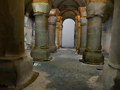 Ancient Stone Structure Interior Scenery With Row Of Weathered Columns And Arched Doorways 3d model