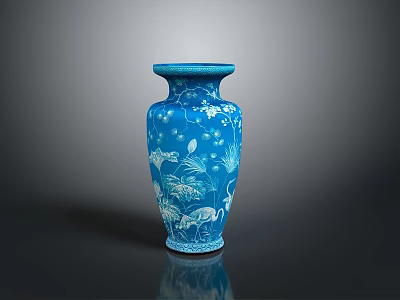 Exquisite Sculptural Carving On Blue Vase With Floral And Crane Motifs Design 3d model