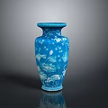 Exquisite Sculptural Carving On Blue Vase With Floral And Crane Motifs Design