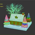 Snowy House Scene With Snow Covered Roof Red Chimney And Lit Christmas Trees