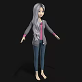Woman With Long Gray Hair Wearing Pink Top Gray Cardigan Blue Jeans Barefoot On Black