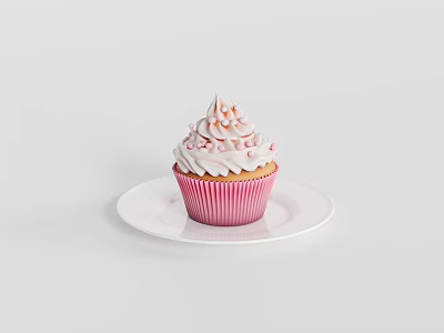 Fresh Pink Cupcake with Cream Frosting on White Plate and Swirl Decorations 3d model