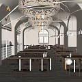 Modern Bar Interior Design With Arched Ceilings Wooden Tables And Pendant Lights