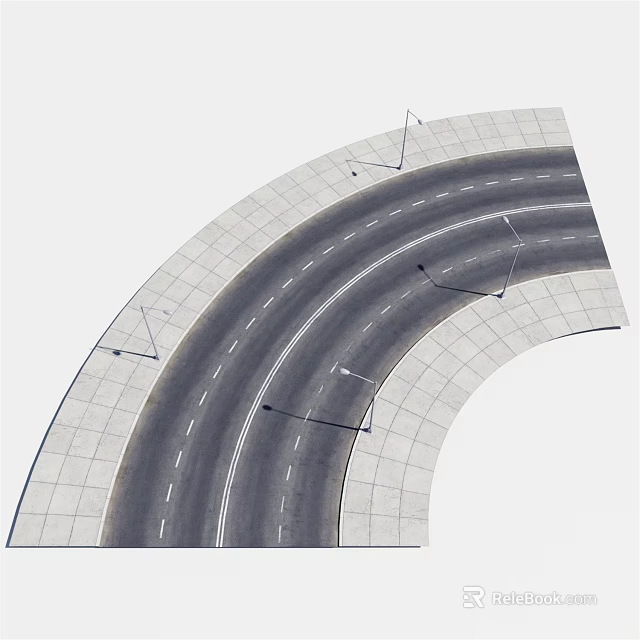 Curved Road Infrastructure With Lane Markings Paved Pavement And Lamp Posts 3d model 