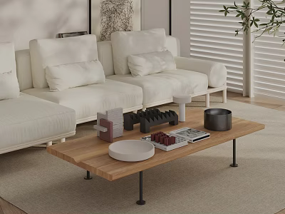 Modern Wooden Coffee Table With White Sofa Decorative Items And Green Plant 3d model