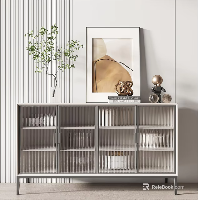 Modern Sideboard With Slatted Doors Green Plant Framed Painting Decorative Objects And Storage 3d model 