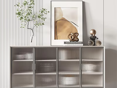 Modern Sideboard With Slatted Doors Green Plant Framed Painting Decorative Objects And Storage 3d model