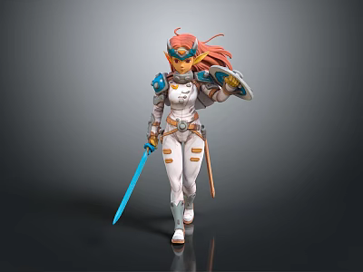 3D Female Warrior Character With Red Hair Blue Headpiece White Armor Blue Sword And Shield 3d model