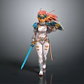 3D Female Warrior Character With Red Hair Blue Headpiece White Armor Blue Sword And Shield