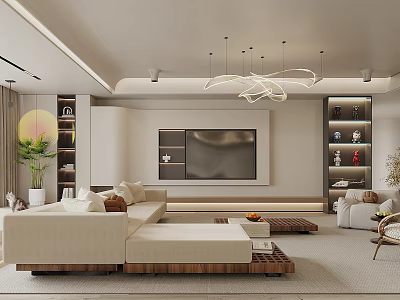 Modern Living Room Interior Design With Beige Sofa TV Display Shelves And Chandelier 3d model