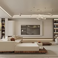 Modern Living Room Interior Design With Beige Sofa TV Display Shelves And Chandelier