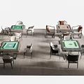 Board Game Entertainment Space With Multiple Mahjong Tables And Surrounding Chairs Arrangement