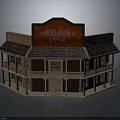 Traditional Wooden Two Story Saloon Building With Red Sign And Balconies
