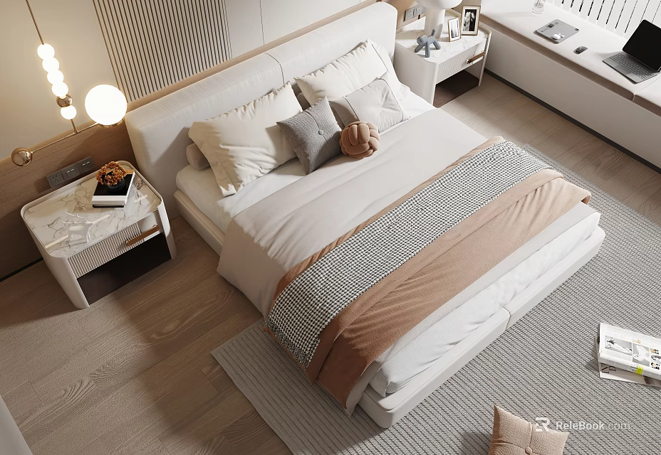 Modern Bedroom Double Bed With White Headboard Cozy Pillows Brown Blanket Nightstand Wooden Floor 3d model 