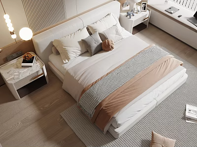 Modern Bedroom Double Bed With White Headboard Cozy Pillows Brown Blanket Nightstand Wooden Floor 3d model