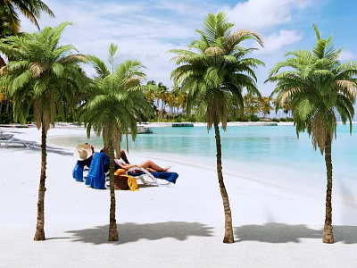 Palm Trees On Sandy Beach With Person Lying On Hammock And Blue Sea Sky 3d model