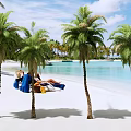 Palm Trees On Sandy Beach With Person Lying On Hammock And Blue Sea Sky