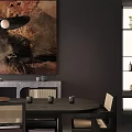 Modern Restaurant Interior With Long Dining Table Black Chairs Large Abstract Painting And Gray Walls