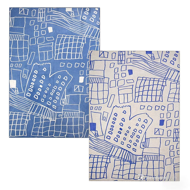 Modern Square Rug with Abstract Geometric Patterns in Blue and White Design 3d model 