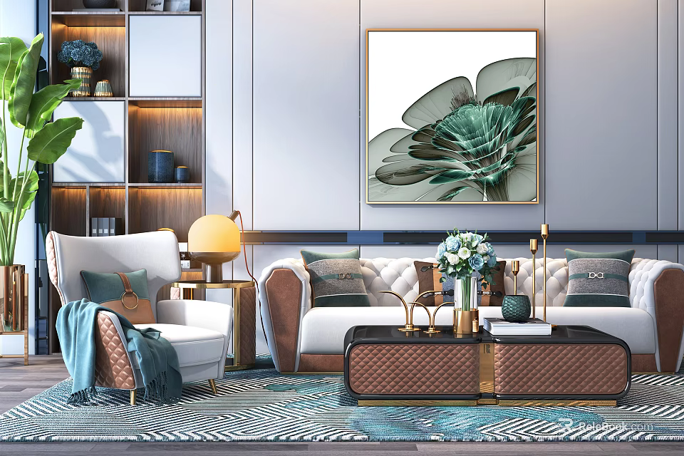 Elegant Modern Sofa Coffee Table Set With Floral Painting Vase And Geometric Rug 3d model 