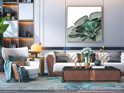 Elegant Modern Sofa Coffee Table Set With Floral Painting Vase And Geometric Rug 3d model
