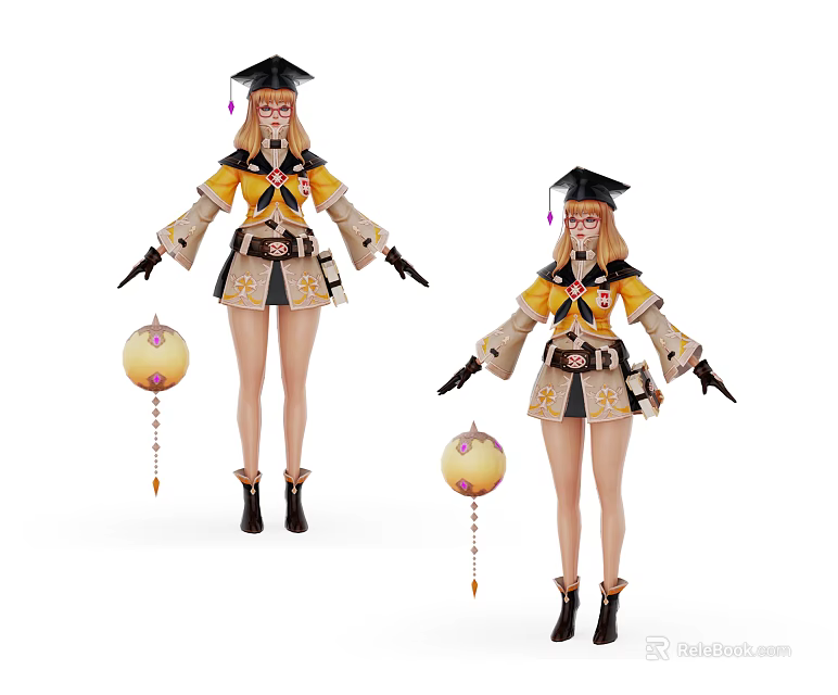 Game Characters In Yellow Brown Outfits With Graduation Caps And Lanterns 3d model 