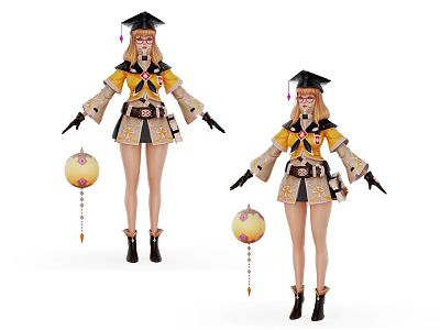 Game Characters In Yellow Brown Outfits With Graduation Caps And Lanterns 3d model