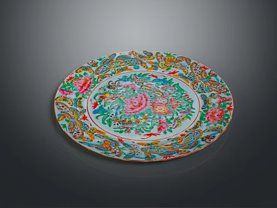 Traditional Hand Carved Decorative Plate Featuring Intricate Colorful Floral Designs 3d model
