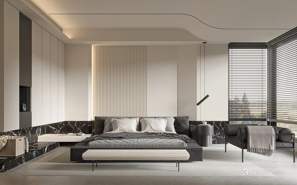 Modern Minimalist Bedroom Interior With Dark Bed Vertical Striped Wall Panel And Window Blinds 3d model